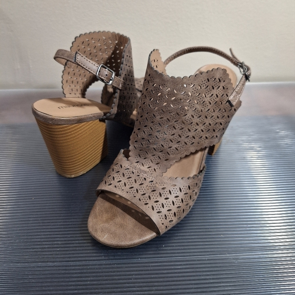 Maurices Taupe Boho Cut Out Scalloped Open Toe Slingback Stacked Heel Sandals - Picture 2 of 16